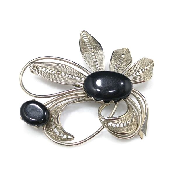 Western Germany Black & Silver Floral Brooch, Black Glass Cabochons, 1950s - Picture 8 of 10